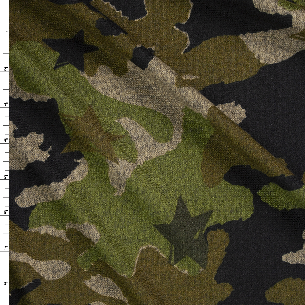 Green, Brown, and Black Camo and Stars Designer Hacci Knit Fabric By The Yard