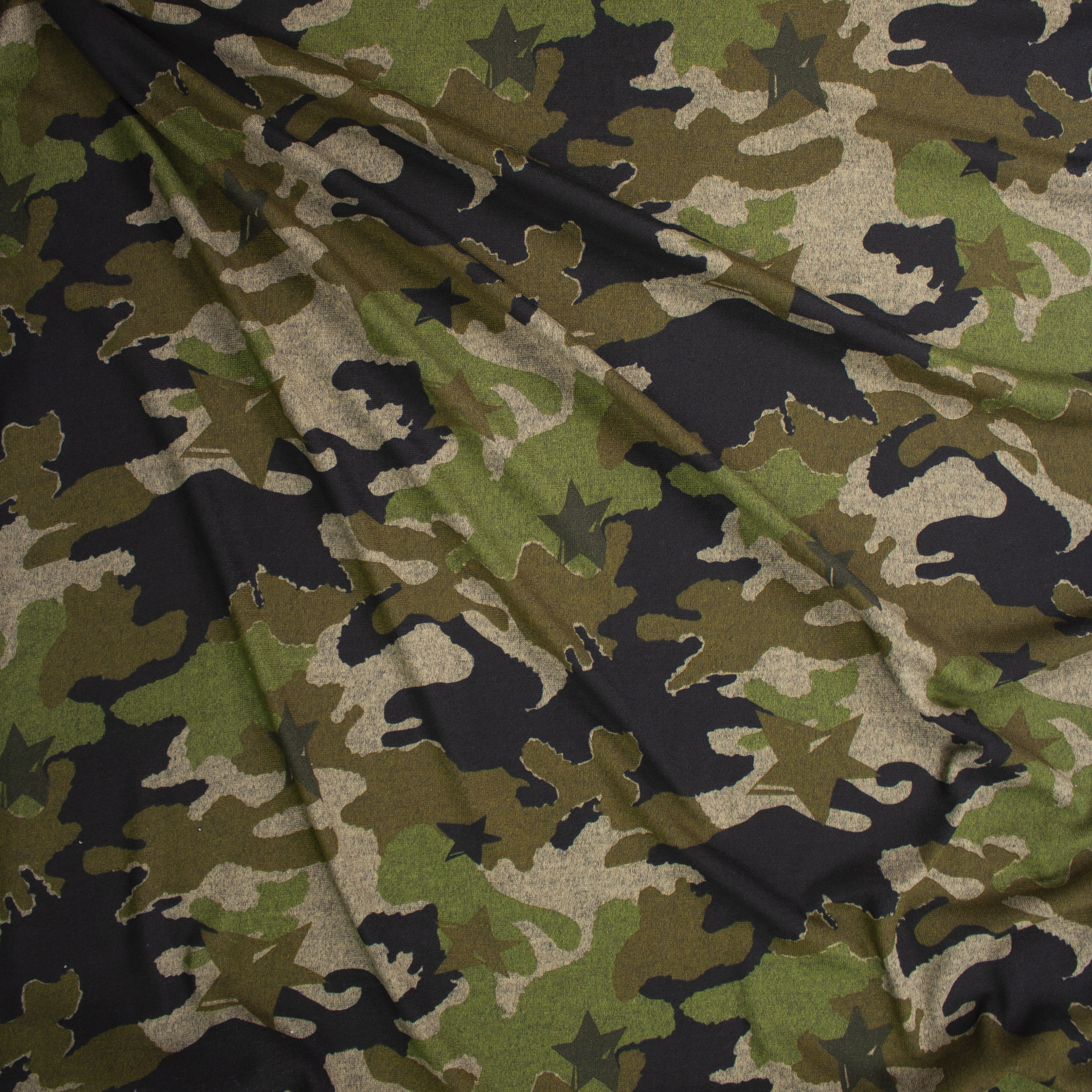 Green, Brown, and Black Camo and Stars Designer Hacci Knit Fabric By The Yard - Wide shot