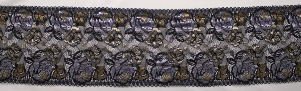 8" Black, Silver, and Gold Designer Stretch Lace Trim from ‘Hanky Panky’ Fabric By The Yard - Wide shot