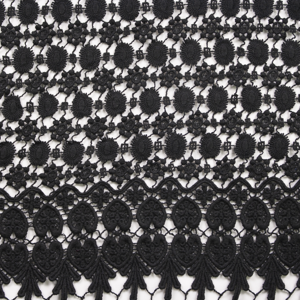 Black Dots and Flowers Border Pattern Designer Cotton Lace Fabric By The Yard