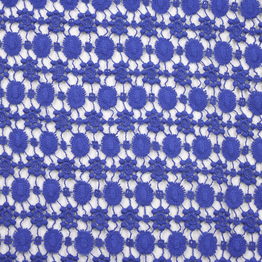 Blue Dots and Flowers Border Pattern Designer Cotton Lace Fabric By The Yard