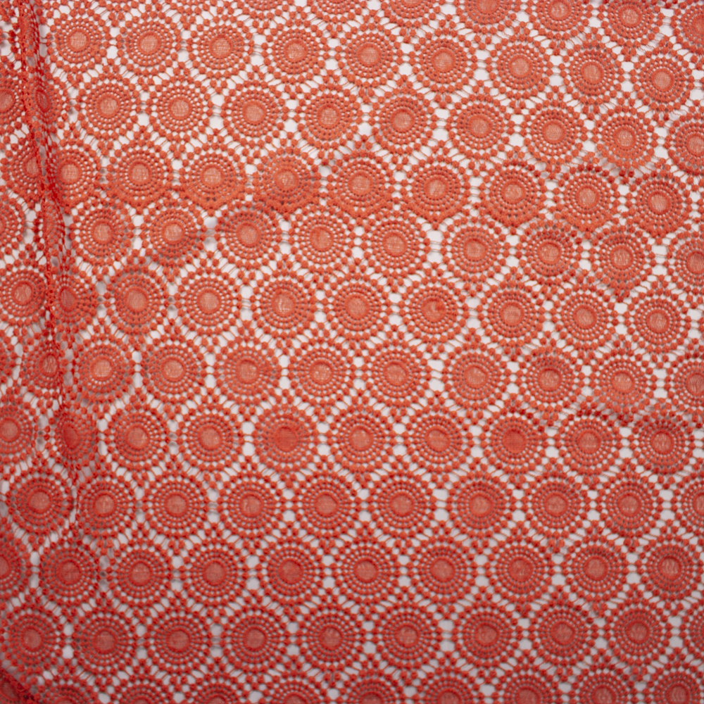 Red Orange Dots and Flowers Border Pattern Designer Cotton Lace Fabric By The Yard - Wide shot