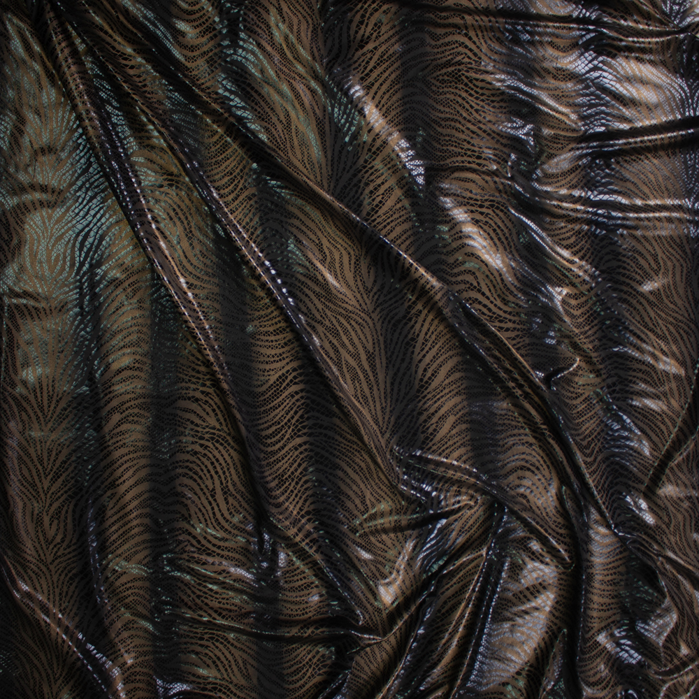 Black and Tan Glossy Snakeskin Ombré Zebra Poly/Spandex Knit Fabric By The Yard - Wide shot