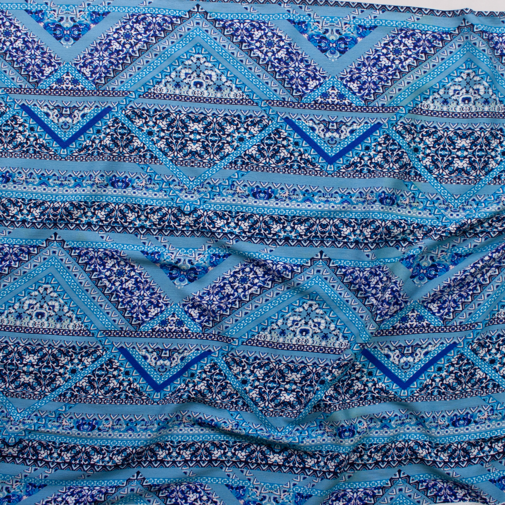 Blue Boho Layered Geometric Rayon Gauze Fabric By The Yard - Wide shot