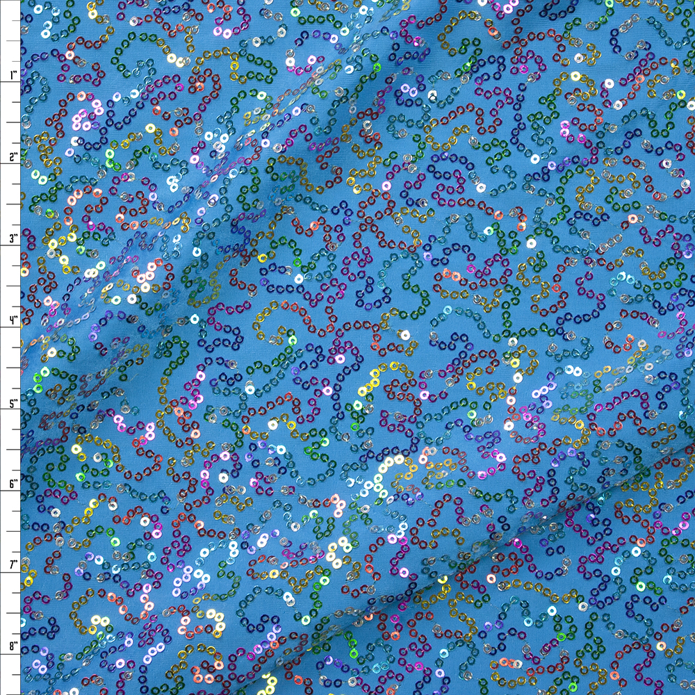 Squiggly Rainbow Sequin on Turquoise Designer Sequin Fabric Fabric By The Yard
