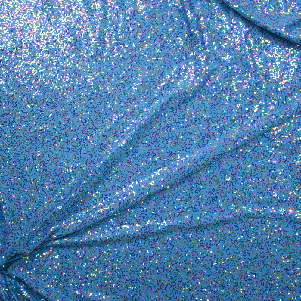 Squiggly Rainbow Sequin on Turquoise Designer Sequin Fabric Fabric By The Yard - Wide shot