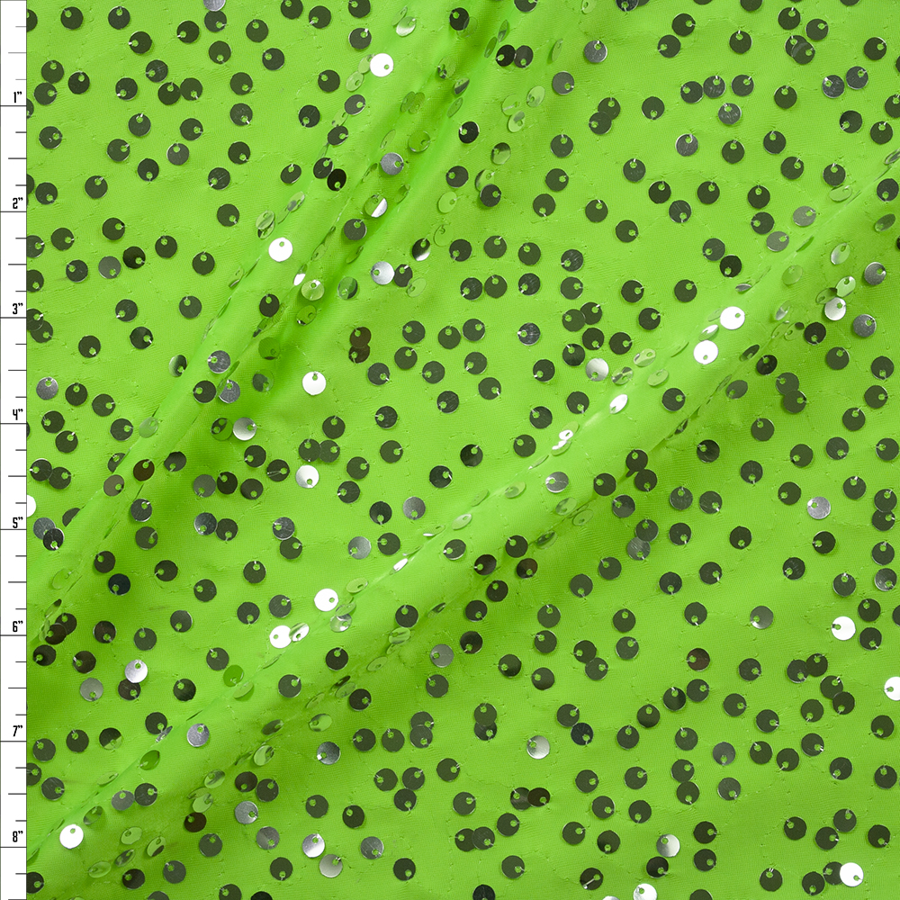 Silver Pailette Sequins on Neon Green Designer Sequin Fabric Fabric By The Yard