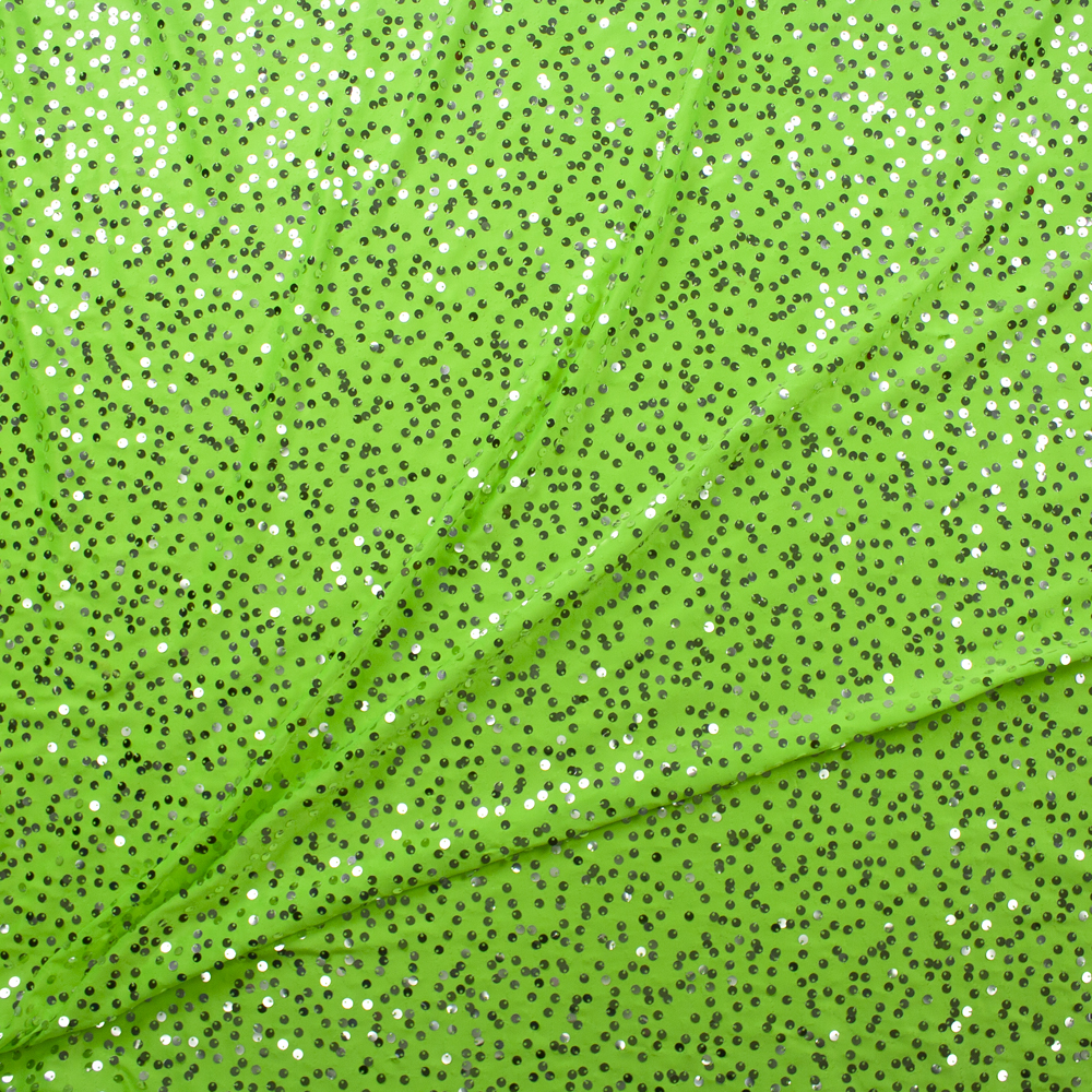 Silver Pailette Sequins on Neon Green Designer Sequin Fabric Fabric By The Yard - Wide shot