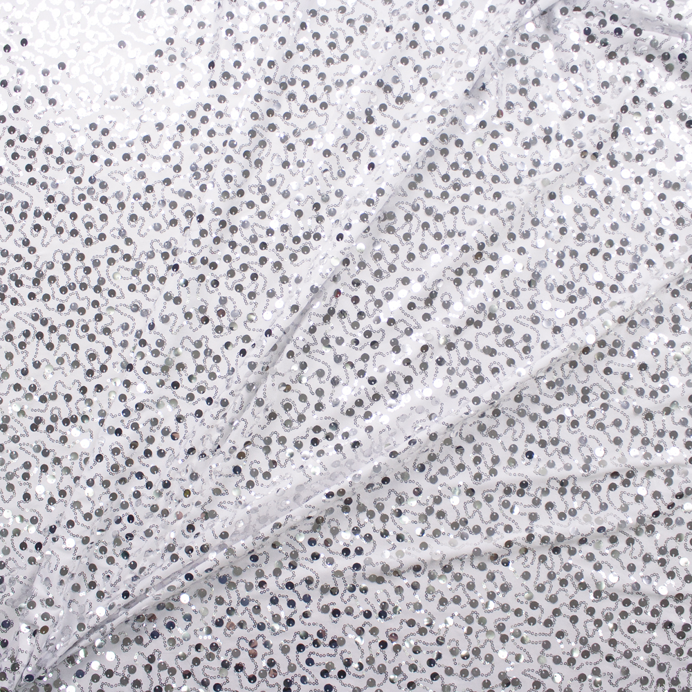 Silver Pailette and Mini Sequins on White Designer Sequin Fabric Fabric By The Yard - Wide shot