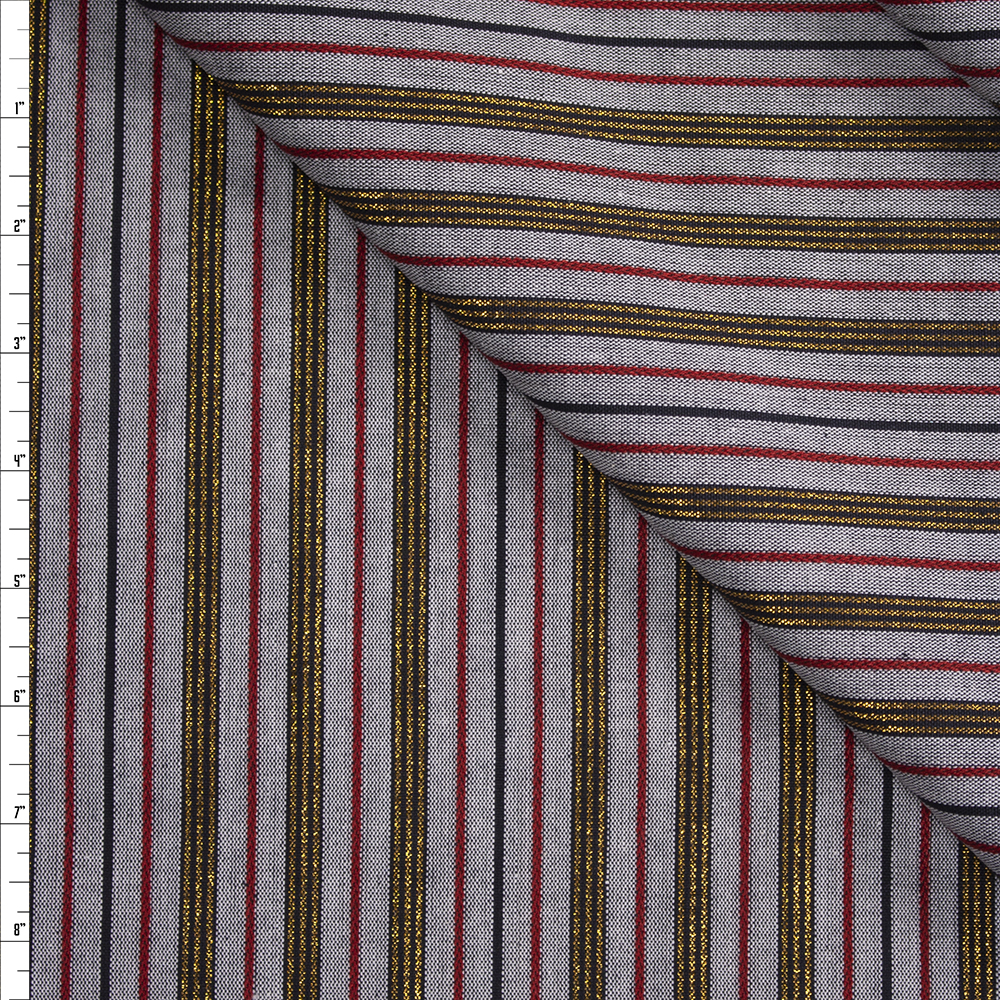 Red, Metallic Gold, and Black Stripe Midweight Cotton Oxford Fabric By The Yard