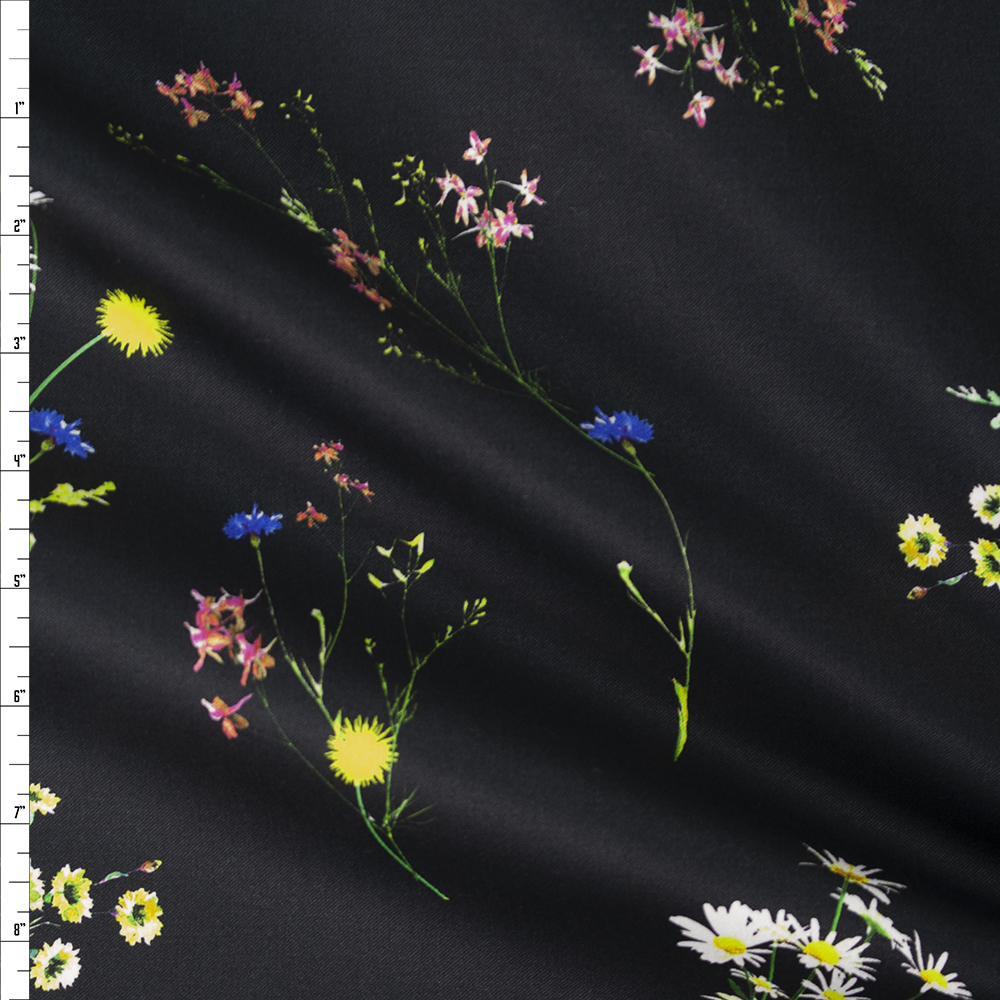 Wildflowers on Black Stretch Cotton Sateen Fabric By The Yard