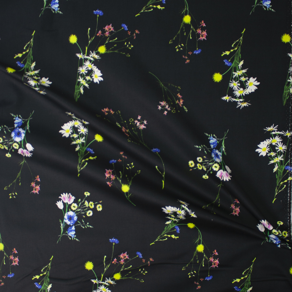 Wildflowers on Black Stretch Cotton Sateen Fabric By The Yard - Wide shot