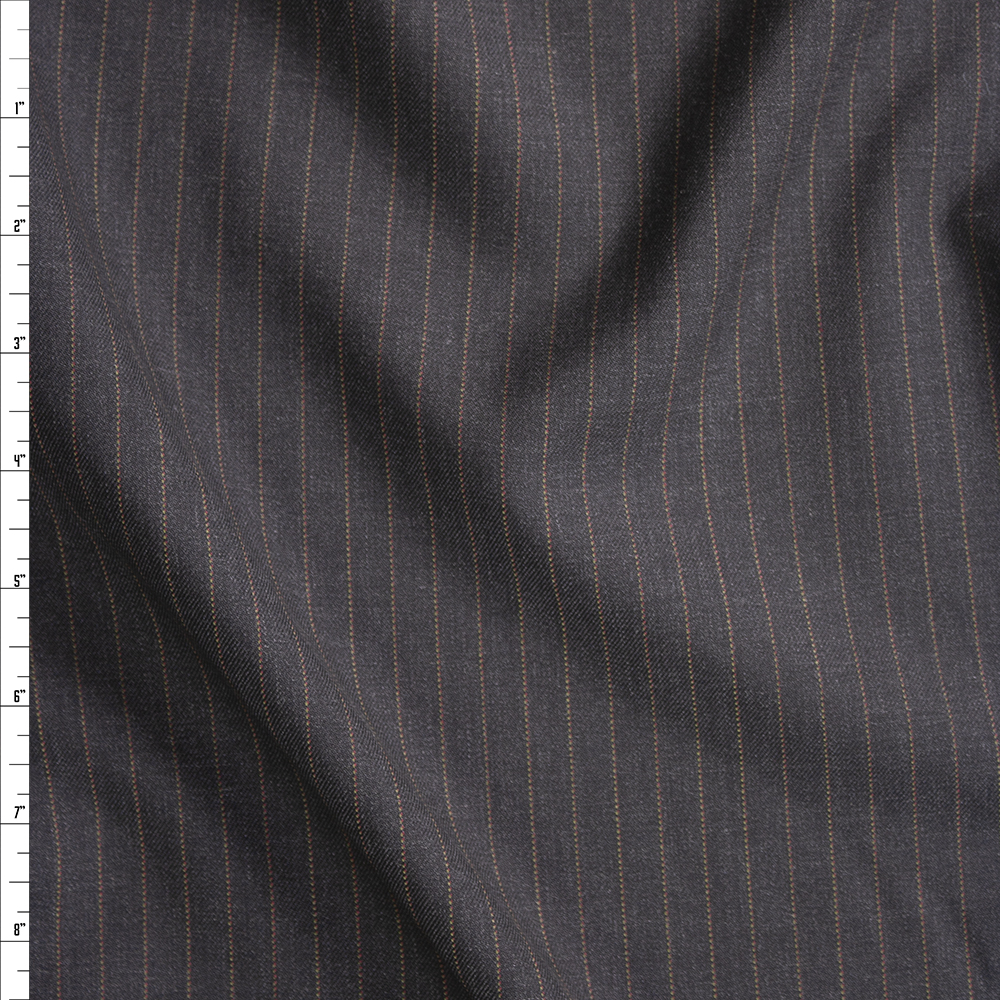 Charcoal Heather with Brown Pinstripe Fine Designer Wool Suiting Fabric By The Yard