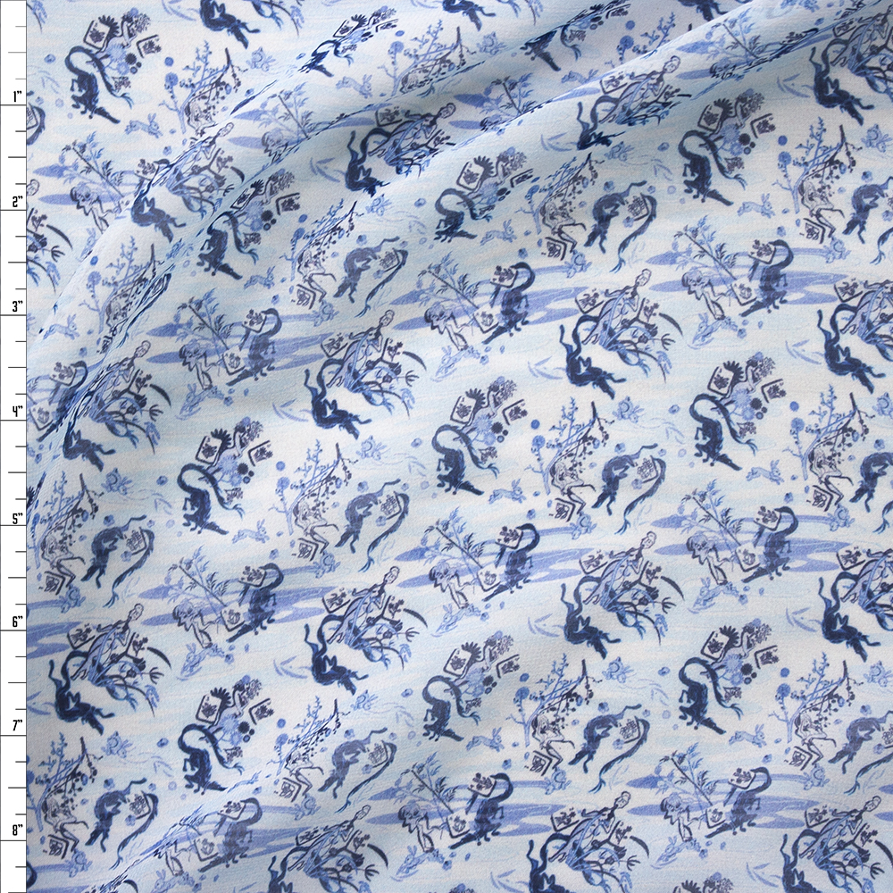 Blue on Light Blue Dragon Print Designer Silk Chiffon Fabric By The Yard