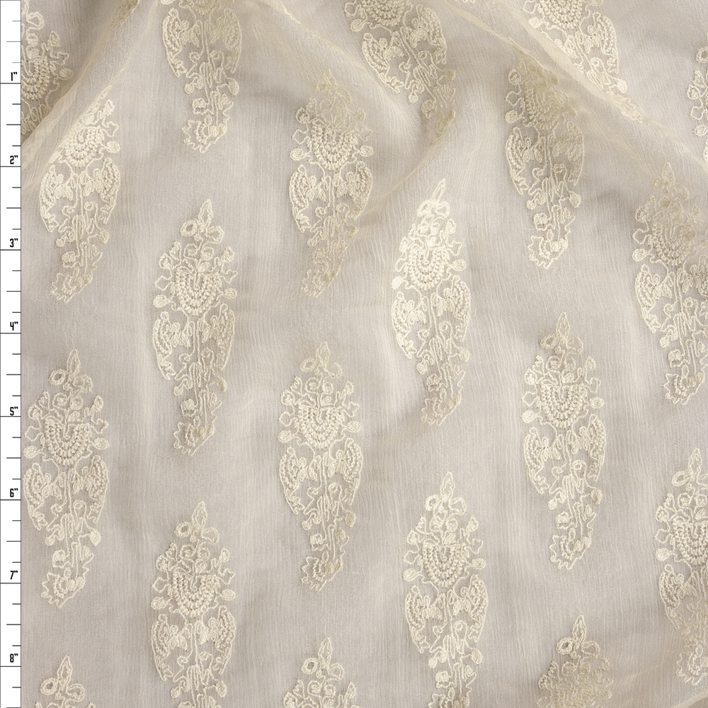 Ivory Embroidery on Ivory Designer Crinkle Silk Chiffon Fabric By The Yard