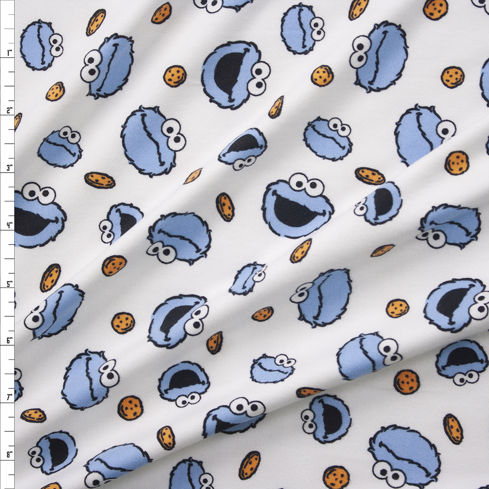 Cookie Monster and Cookies on Offwhite Double Brushed Poly/Spandex Fabric By The Yard