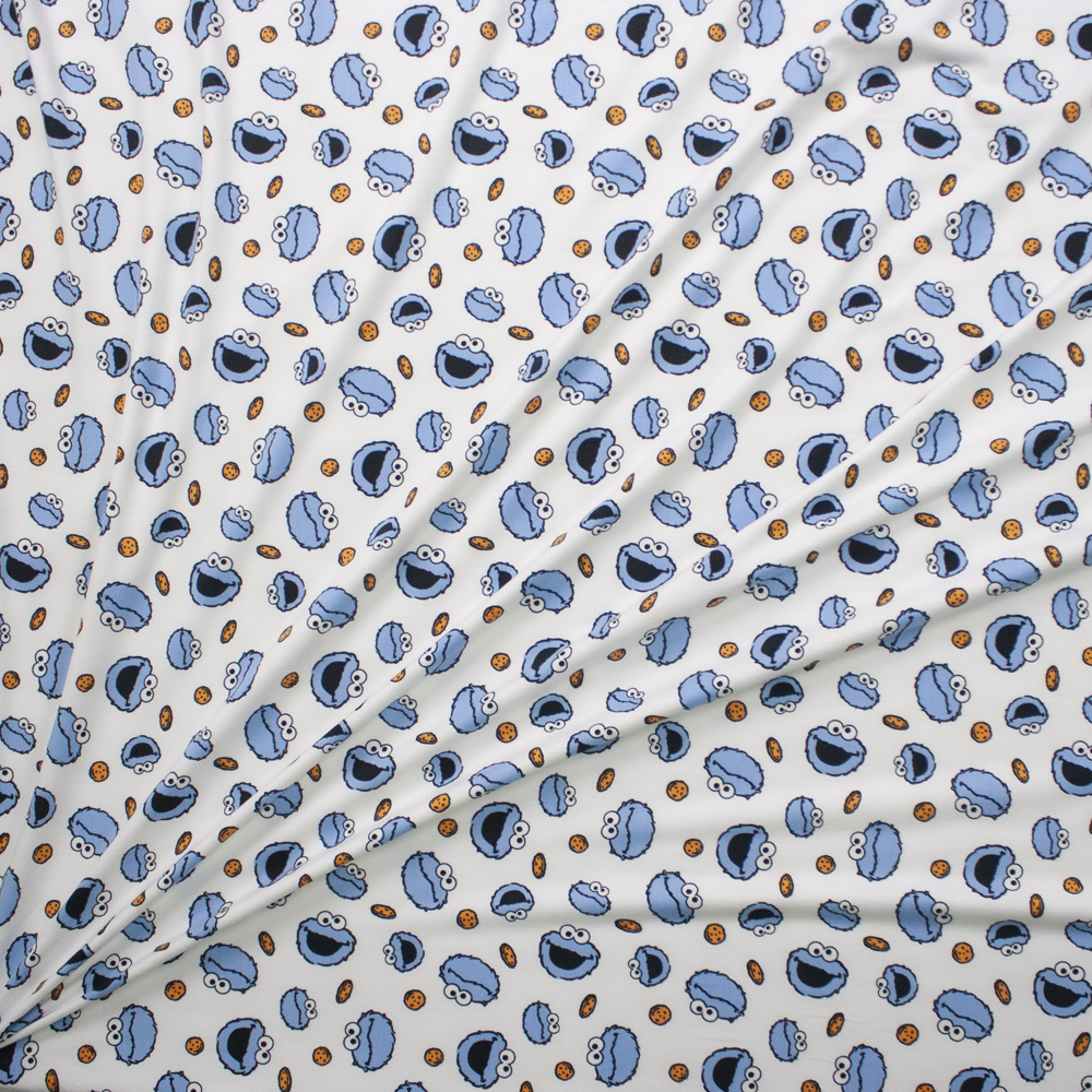 Cookie Monster and Cookies on Offwhite Double Brushed Poly/Spandex Fabric By The Yard - Wide shot