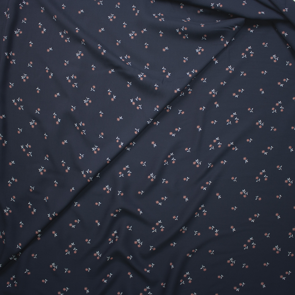 Mauve Mini floral on Navy Rayon Challis Fabric By The Yard - Wide shot