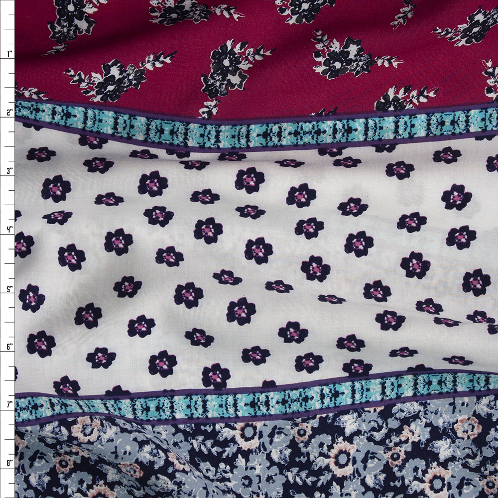 Pink, Navy, and Aqua Horizontal Bohemian Stripe Rayon Challis Fabric By The Yard