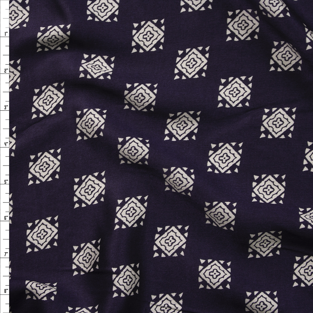 Ivory Square Medallions on Navy Rayon Sateen Fabric By The Yard