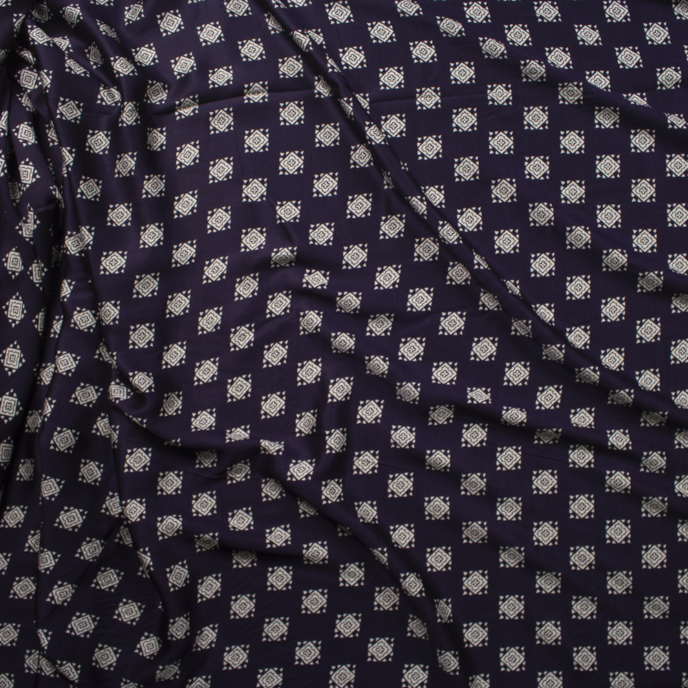 Ivory Square Medallions on Navy Rayon Sateen Fabric By The Yard - Wide shot