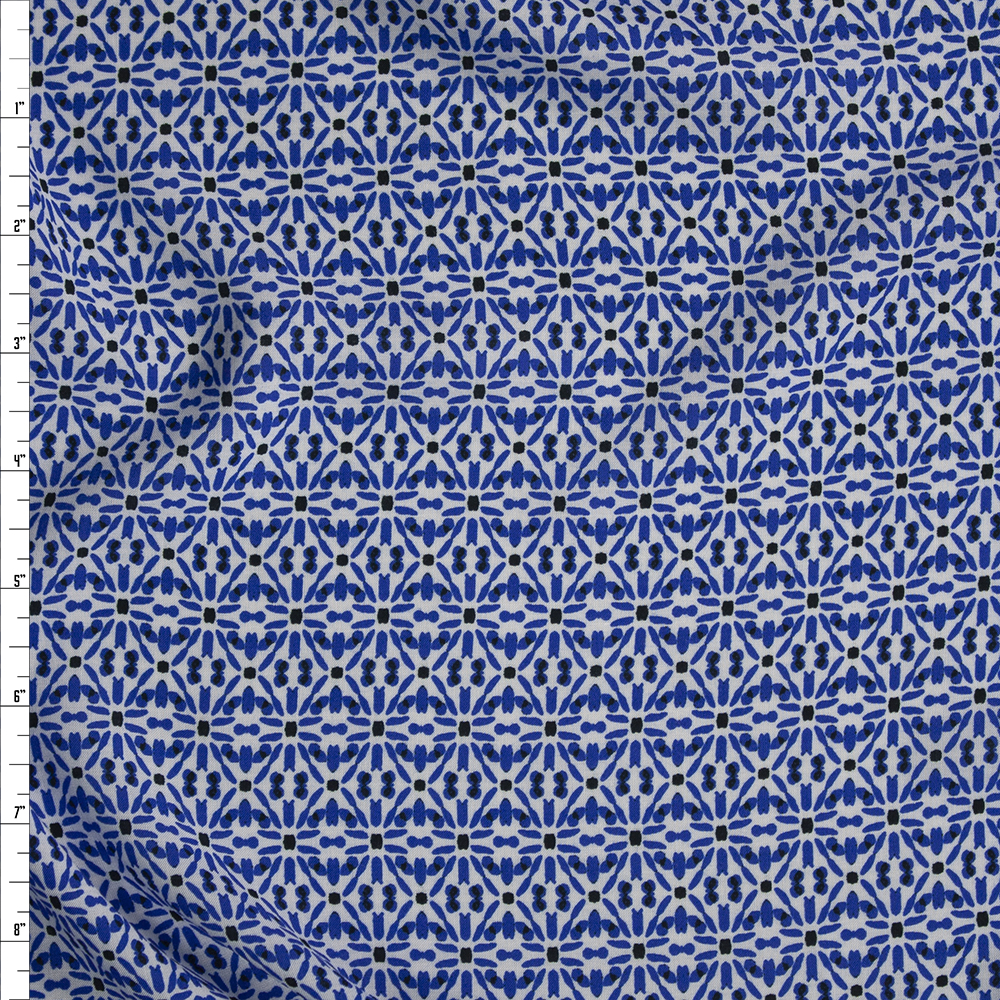 Blue and White Kaleidoscope Geometric Rayon Challis Fabric By The Yard