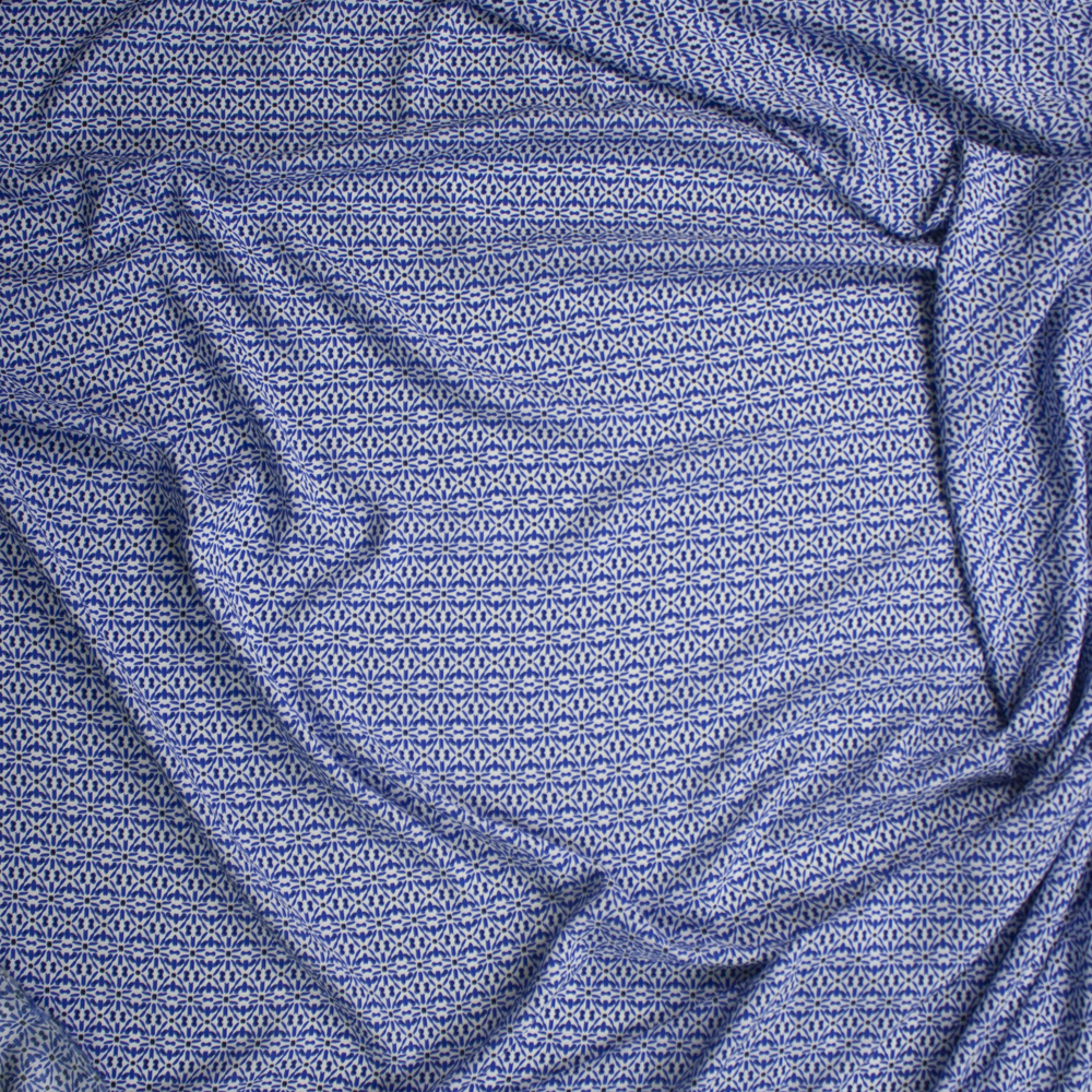 Blue and White Kaleidoscope Geometric Rayon Challis Fabric By The Yard - Wide shot