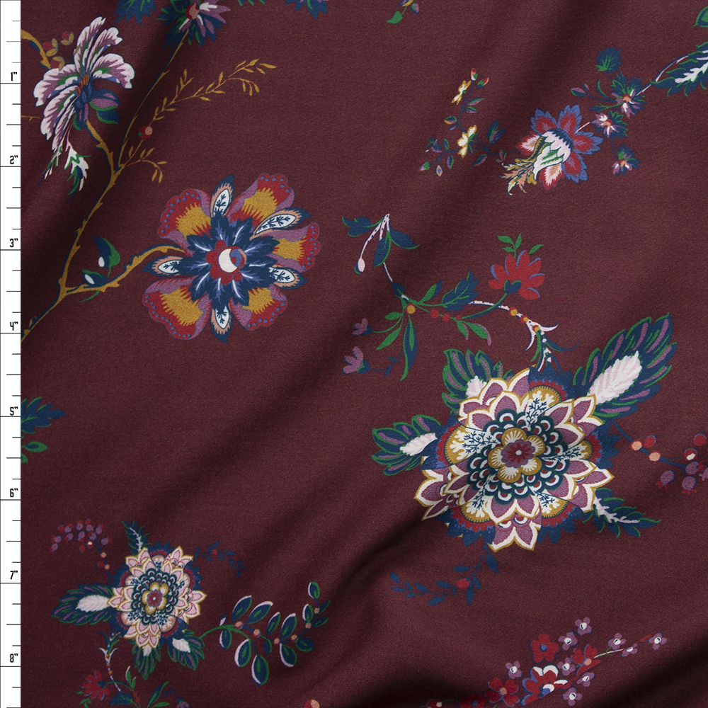Ornate Floral on Wine Rayon Challis Fabric By The Yard