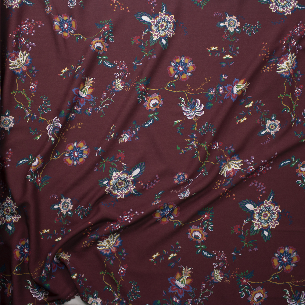 Ornate Floral on Wine Rayon Challis Fabric By The Yard - Wide shot