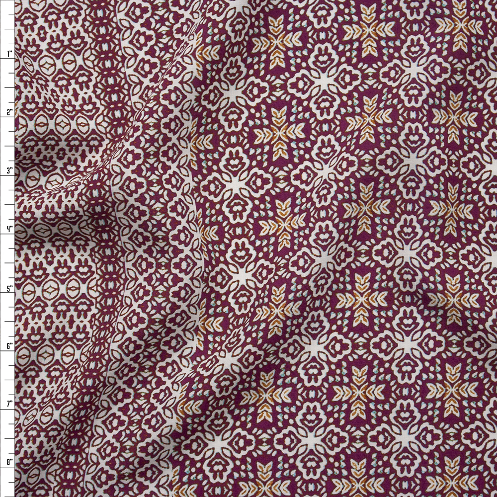 Ivory and Wine Horizontal Geometric Stripe Rayon Challis Fabric By The Yard