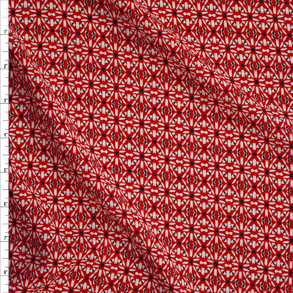 Red, Black, and White Geometric Rayon Challis Fabric By The Yard