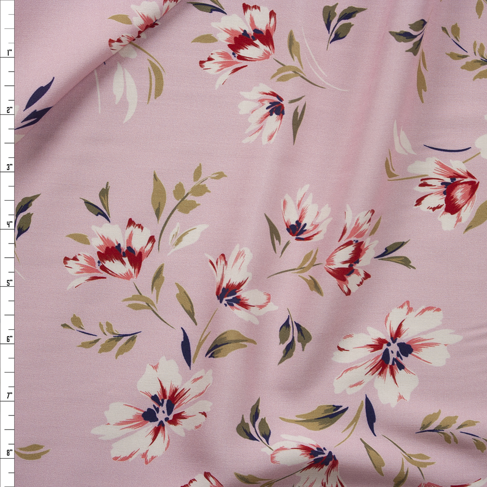 Pink, Tan, and Navy Floral on Light Pink Rayon Challis Fabric By The Yard