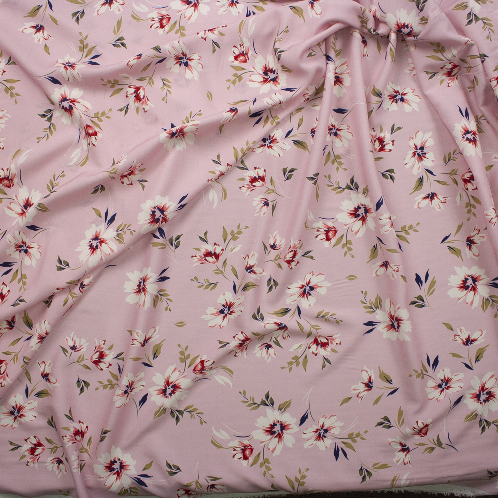 Pink, Tan, and Navy Floral on Light Pink Rayon Challis Fabric By The Yard - Wide shot