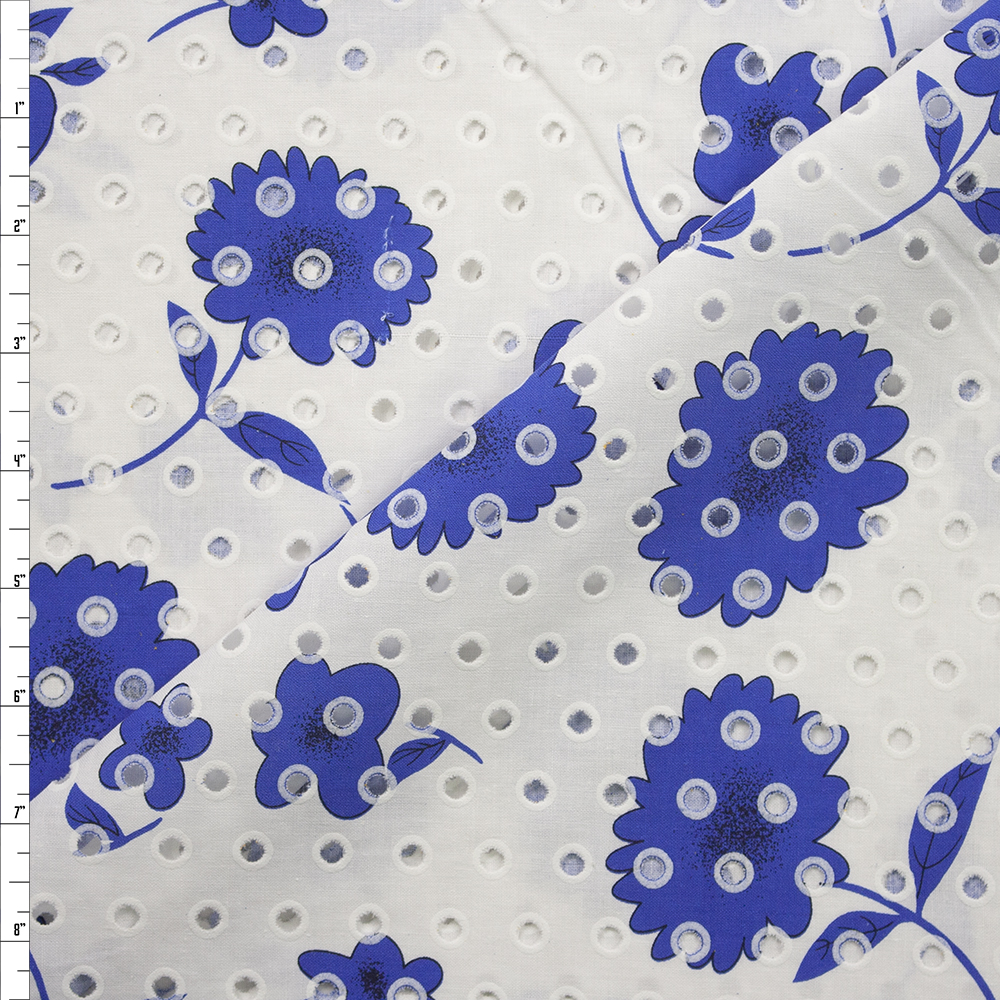 Blue on White Floral on White Dot Cotton Eyelet Fabric By The Yard