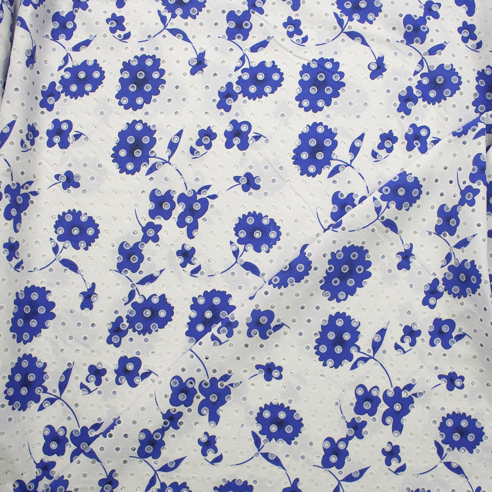 Blue on White Floral on White Dot Cotton Eyelet Fabric By The Yard - Wide shot