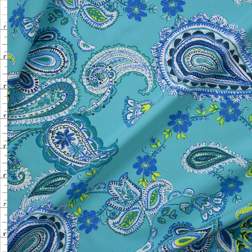 Blue and Yellow Paisleys on Aqua Designer Nylon/Spandex Print Fabric By The Yard