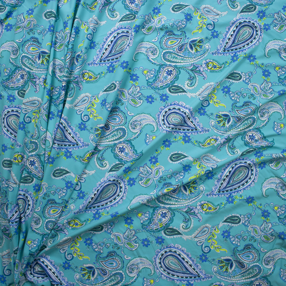 Blue and Yellow Paisleys on Aqua Designer Nylon/Spandex Print Fabric By The Yard - Wide shot