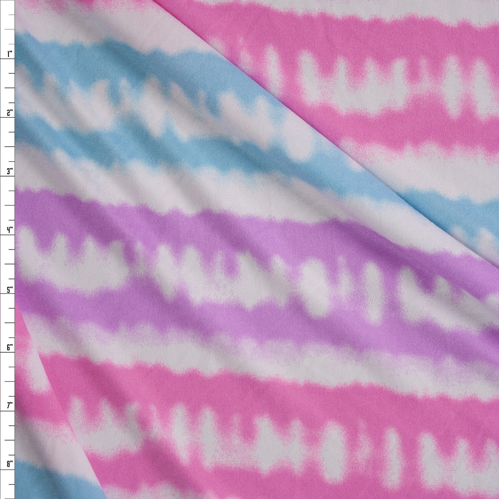 Pink, Blue, and Purple Tie Dye Stripe on White Double Brushed Poly/Spandex Fabric By The Yard