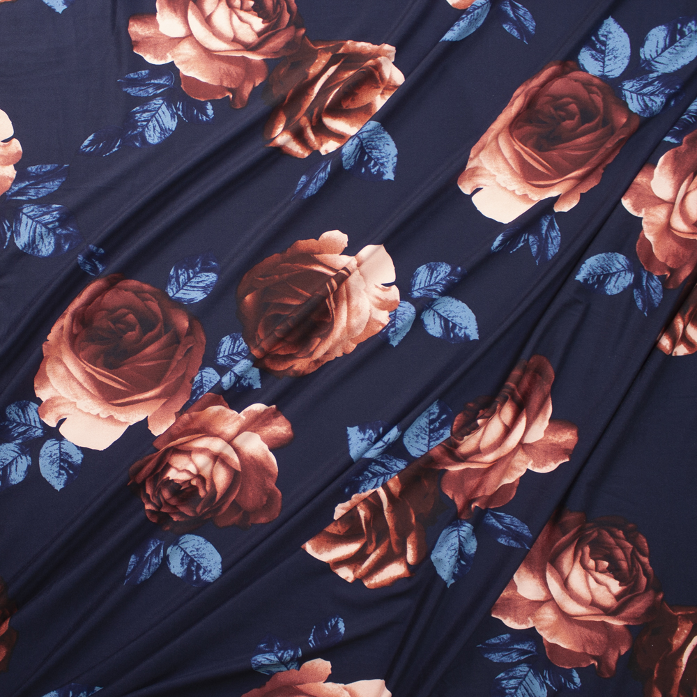 Moody Rose Floral on Navy Double Brushed Poly/Spandex Fabric By The Yard - Wide shot