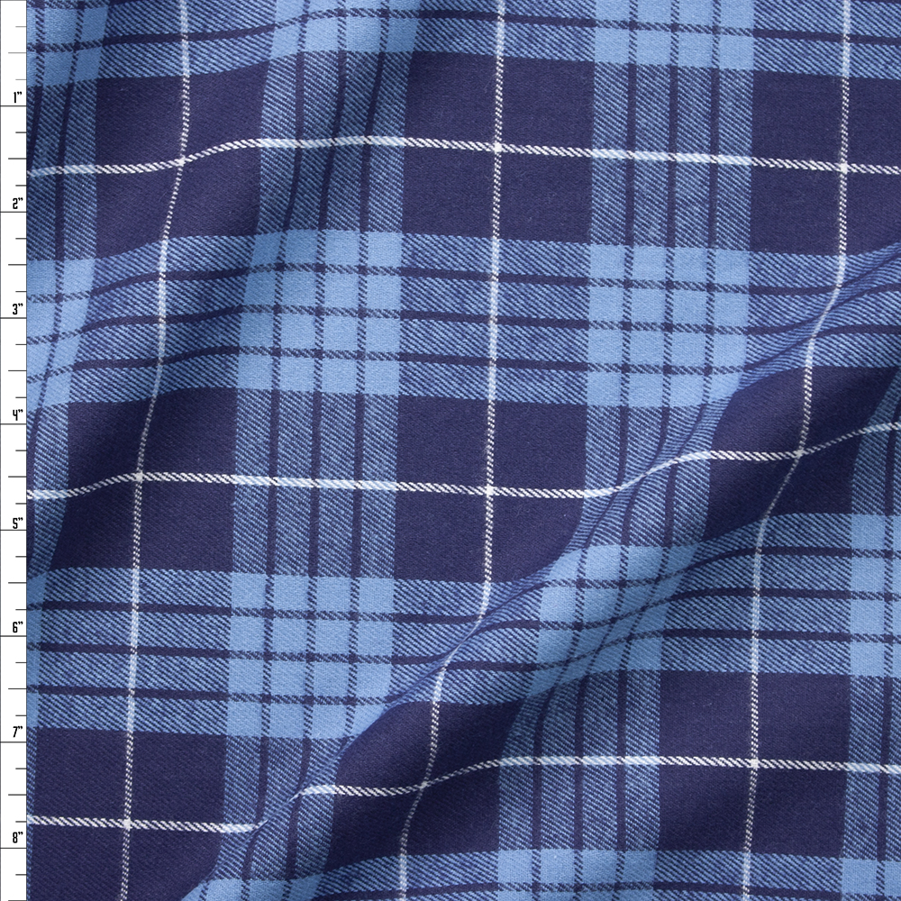 Navy, Light Blue, and White Plaid Cotton Flannel Fabric By The Yard