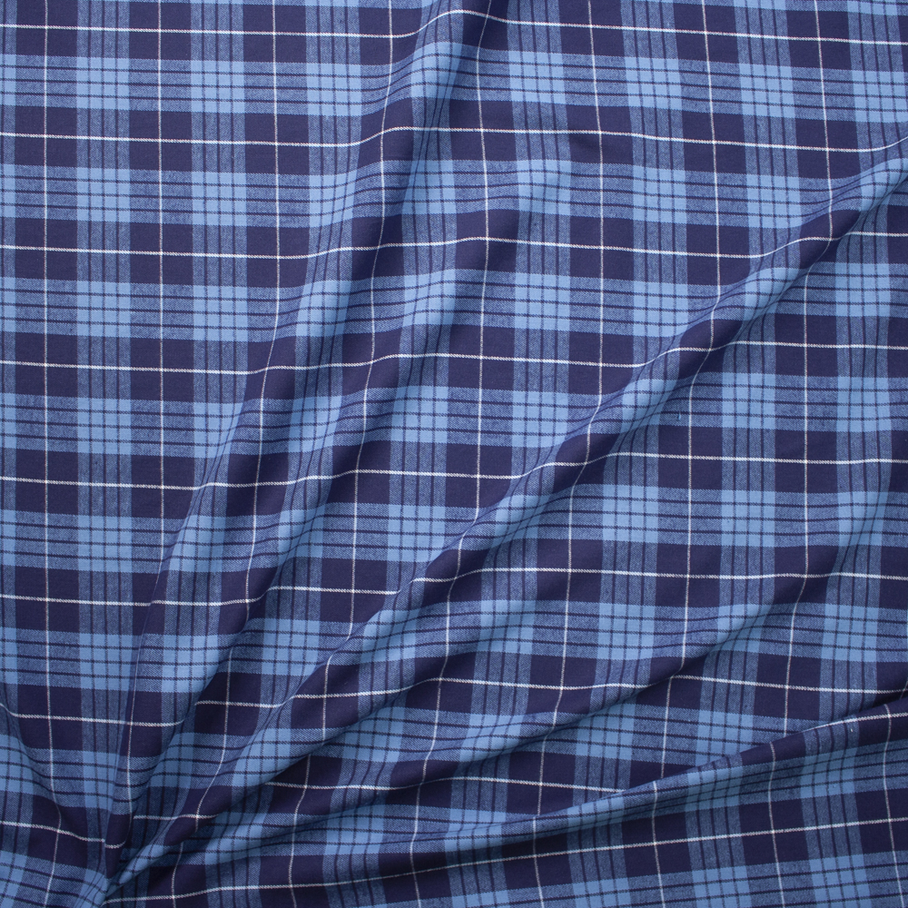Navy, Light Blue, and White Plaid Cotton Flannel Fabric By The Yard - Wide shot