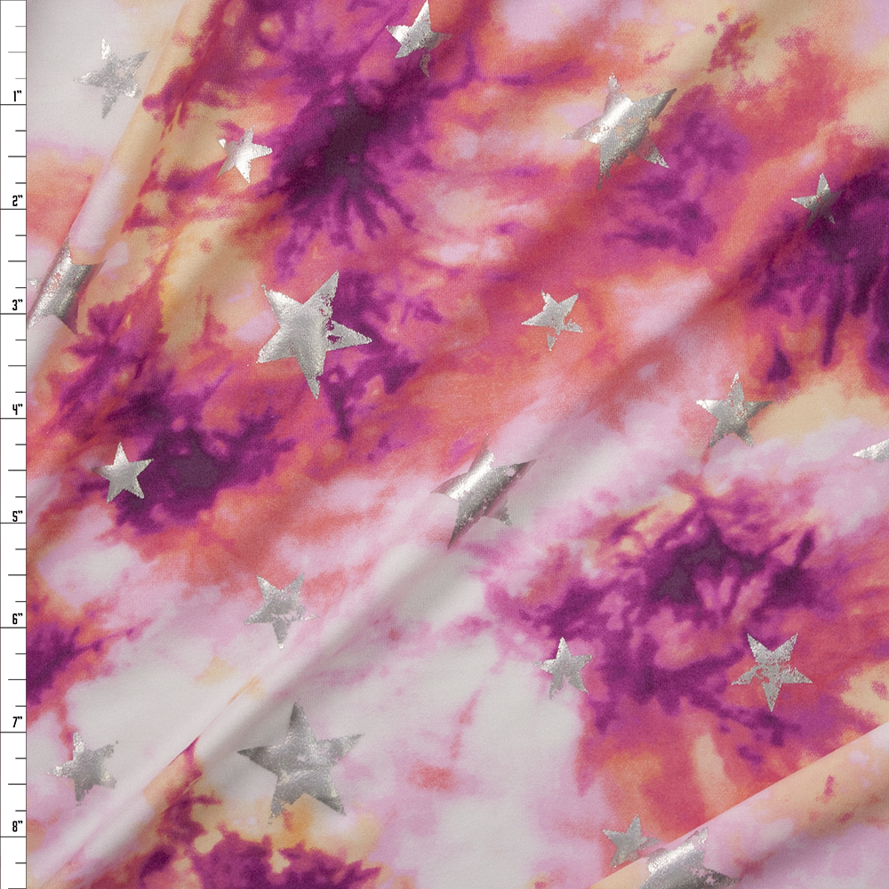 Metallic Silver Grunge Stars on Pink and Ivory Tie Dye Double Brushed Poly/Spandex Fabric By The Yard
