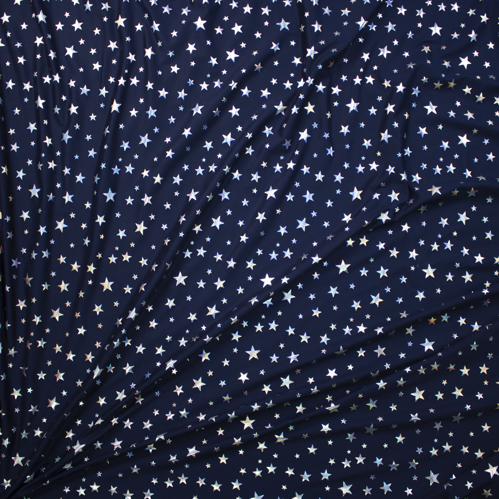 Holographic Silver Stars on Navy Double Brushed Poly/Spandex Fabric By The Yard - Wide shot