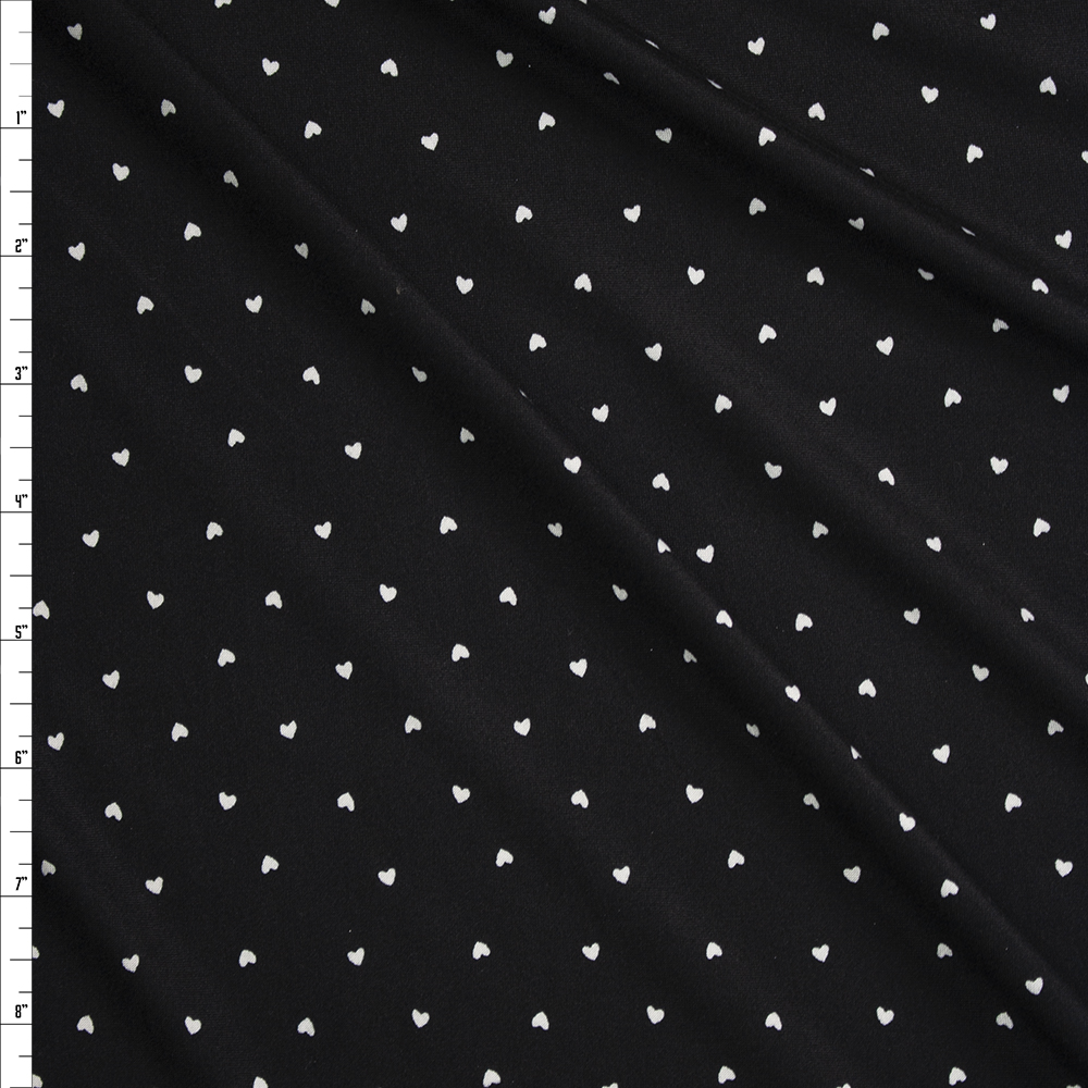 Tiny White Hearts on Black Double Brushed Poly/Spandex Fabric By The Yard