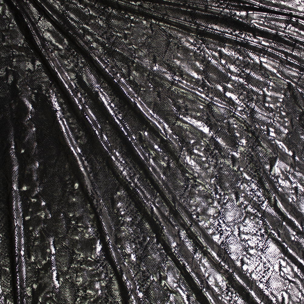 Metallic Gunmetal Snakeskin on Black Poly/Spandex Knit Fabric By The Yard - Wide shot