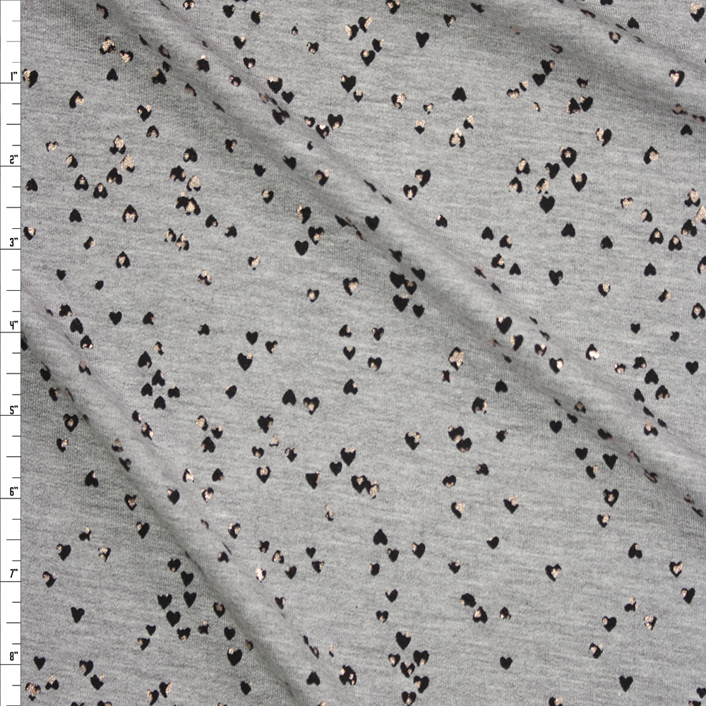 Black and Copper Hearts on Light Grey Heather Rayon French Terry Fabric By The Yard