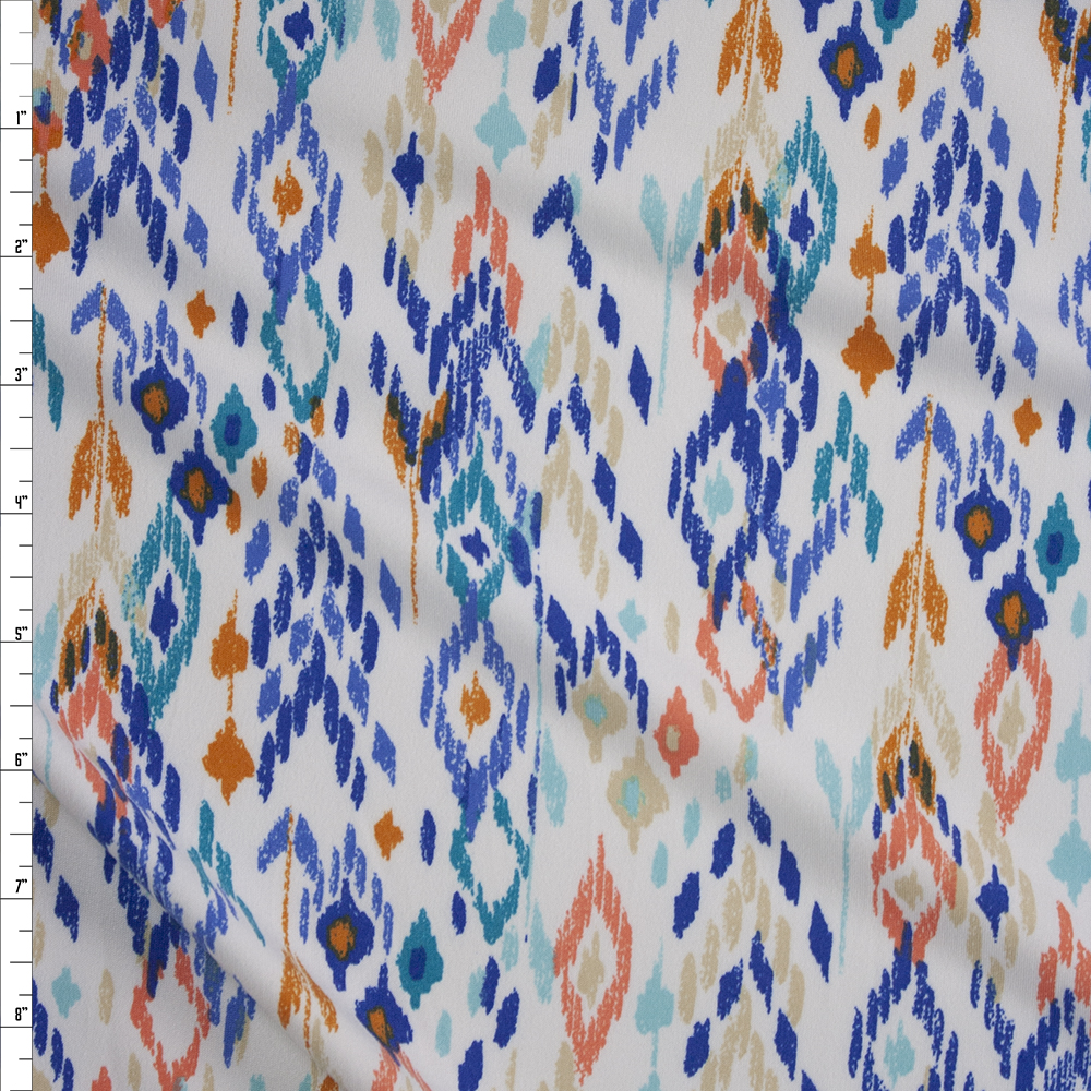 Southwestern Ikat on White Double Brushed Poly/Spandex Knit Fabric By The Yard