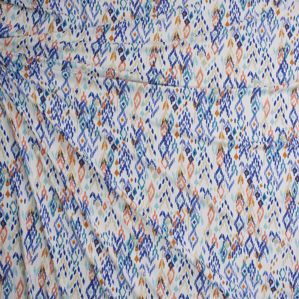Southwestern Ikat on White Double Brushed Poly/Spandex Knit Fabric By The Yard - Wide shot