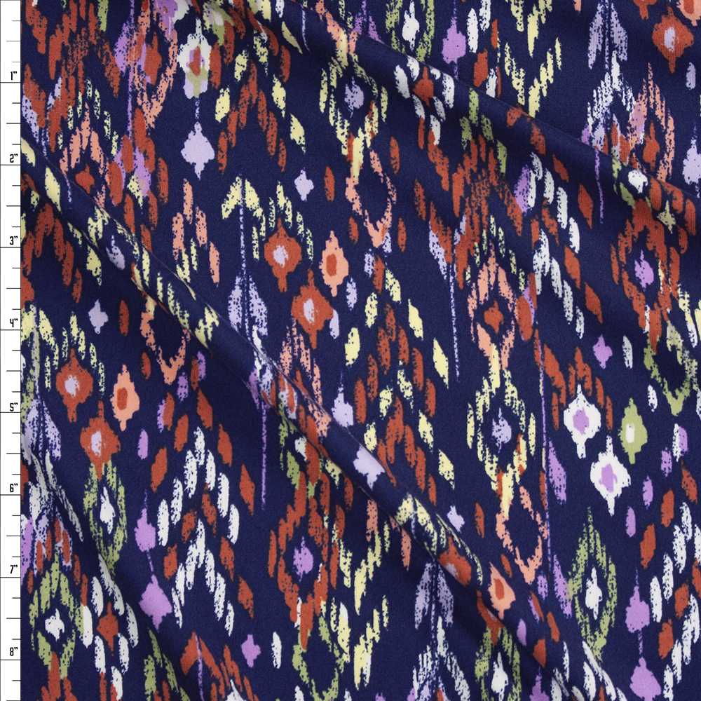 Southwestern Ikat on Navy Double Brushed Poly/Spandex Knit Fabric By The Yard