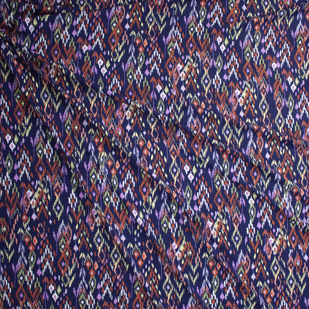 Southwestern Ikat on Navy Double Brushed Poly/Spandex Knit Fabric By The Yard - Wide shot